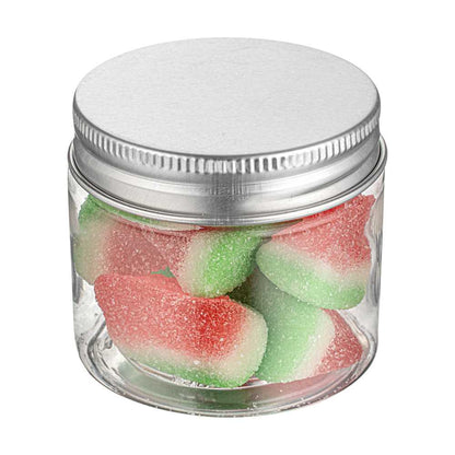 Chef 101 2 oz Round Clear Plastic Candy and Snack Jar - with Silver Aluminum Lid - 2" x 2" x 1 3/4" - 100 count box