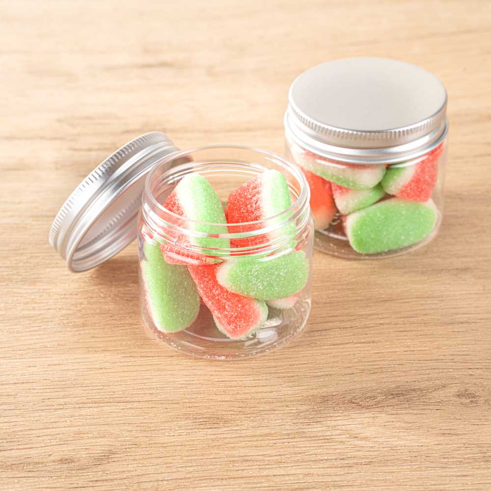 Chef 101 2 oz Round Clear Plastic Candy and Snack Jar - with Silver Aluminum Lid - 2" x 2" x 1 3/4" - 100 count box