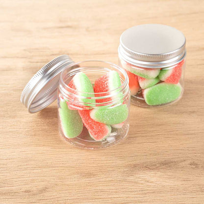 Chef 101 2 oz Round Clear Plastic Candy and Snack Jar - with Silver Aluminum Lid - 2" x 2" x 1 3/4" - 100 count box