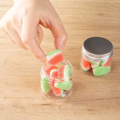 Chef 101 2 oz Round Clear Plastic Candy and Snack Jar - with Silver Aluminum Lid - 2" x 2" x 1 3/4" - 100 count box