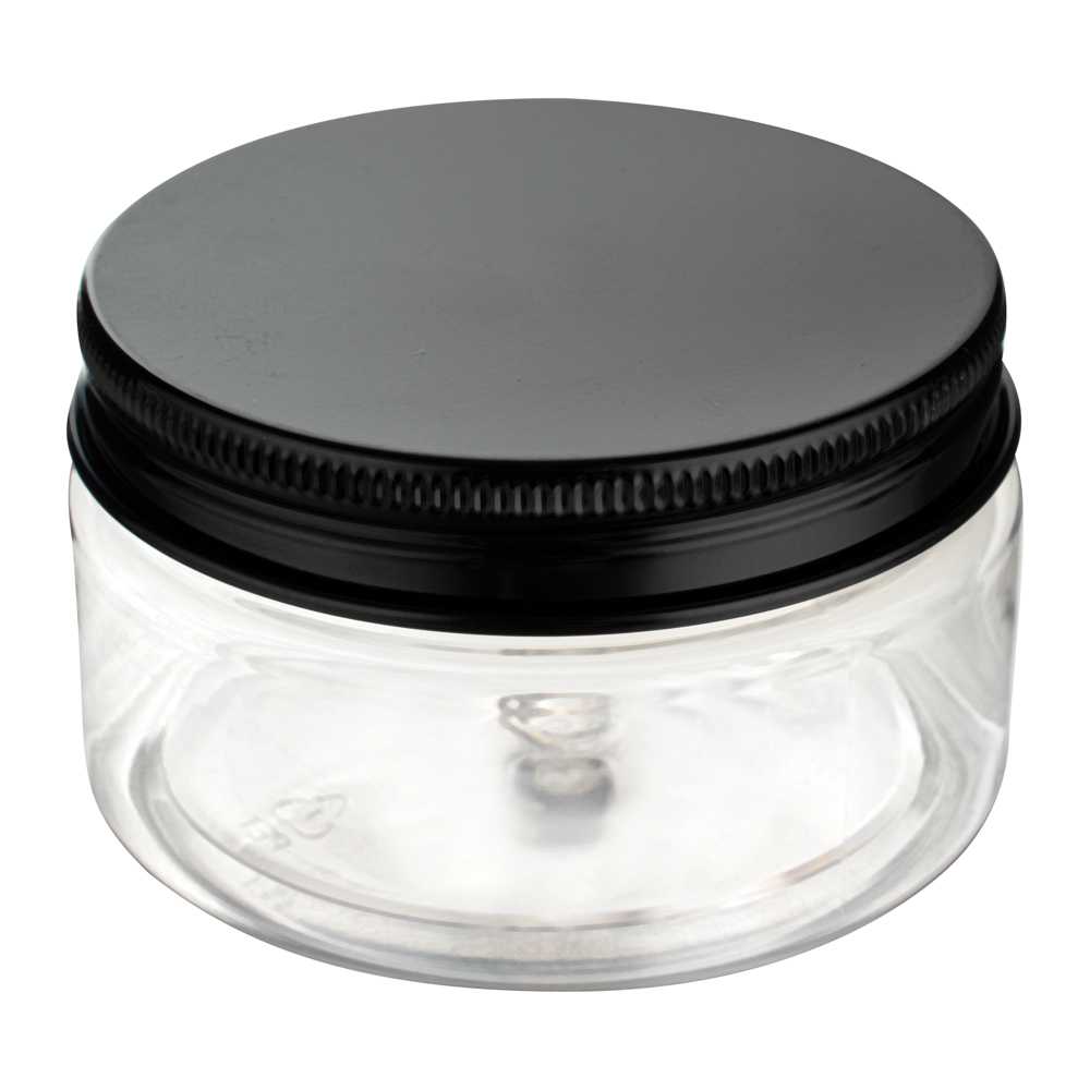 Chef 101 4 oz Round Clear Plastic Candy and Snack Jar - with Black Aluminum Lid - 2 3/4" x 2 3/4" x 1 1/2" - 100 count box