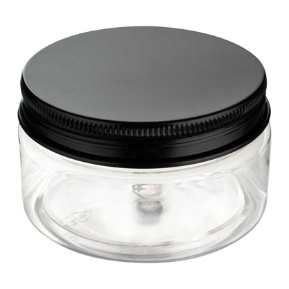 Chef 101 4 oz Round Clear Plastic Candy and Snack Jar - with Black Aluminum Lid - 2 3/4" x 2 3/4" x 1 1/2" - 100 count box