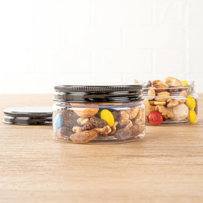Chef 101 4 oz Round Clear Plastic Candy and Snack Jar - with Black Aluminum Lid - 2 3/4" x 2 3/4" x 1 1/2" - 10 count box