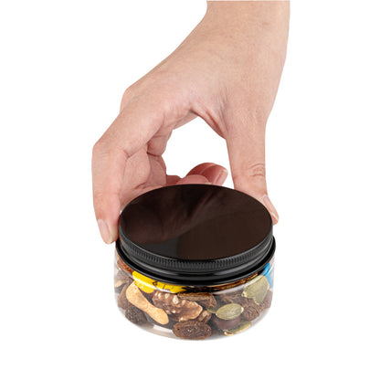 Chef 101 4 oz Round Clear Plastic Candy and Snack Jar - with Black Aluminum Lid - 2 3/4" x 2 3/4" x 1 1/2" - 10 count box