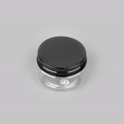 Chef 101 4 oz Round Clear Plastic Candy and Snack Jar - with Black Aluminum Lid - 2 3/4" x 2 3/4" x 1 1/2" - 10 count box