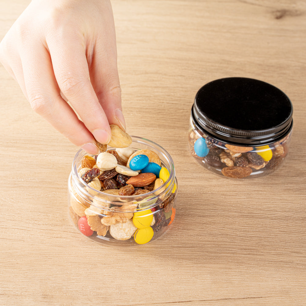 Chef 101 4 oz Round Clear Plastic Candy and Snack Jar - with Black Aluminum Lid - 2 3/4" x 2 3/4" x 1 1/2" - 10 count box