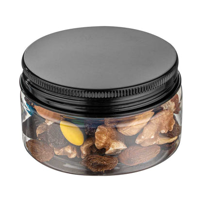 Chef 101 4 oz Round Clear Plastic Candy and Snack Jar - with Black Aluminum Lid - 2 3/4" x 2 3/4" x 1 1/2" - 100 count box