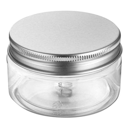 Chef 101 4 oz Round Clear Plastic Candy and Snack Jar - with Silver Aluminum Lid - 2 3/4" x 2 3/4" x 1 1/2" - 100 count box