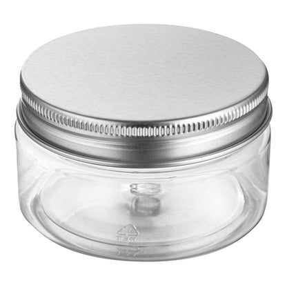 Chef 101 4 oz Round Clear Plastic Candy and Snack Jar - with Silver Aluminum Lid - 2 3/4" x 2 3/4" x 1 1/2" - 10 count box