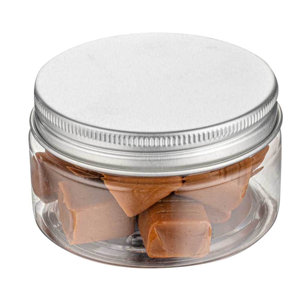 Chef 101 4 oz Round Clear Plastic Candy and Snack Jar - with Silver Aluminum Lid - 2 3/4" x 2 3/4" x 1 1/2" - 100 count box
