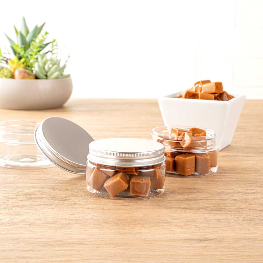 Chef 101 4 oz Round Clear Plastic Candy and Snack Jar - with Silver Aluminum Lid - 2 3/4" x 2 3/4" x 1 1/2" - 100 count box