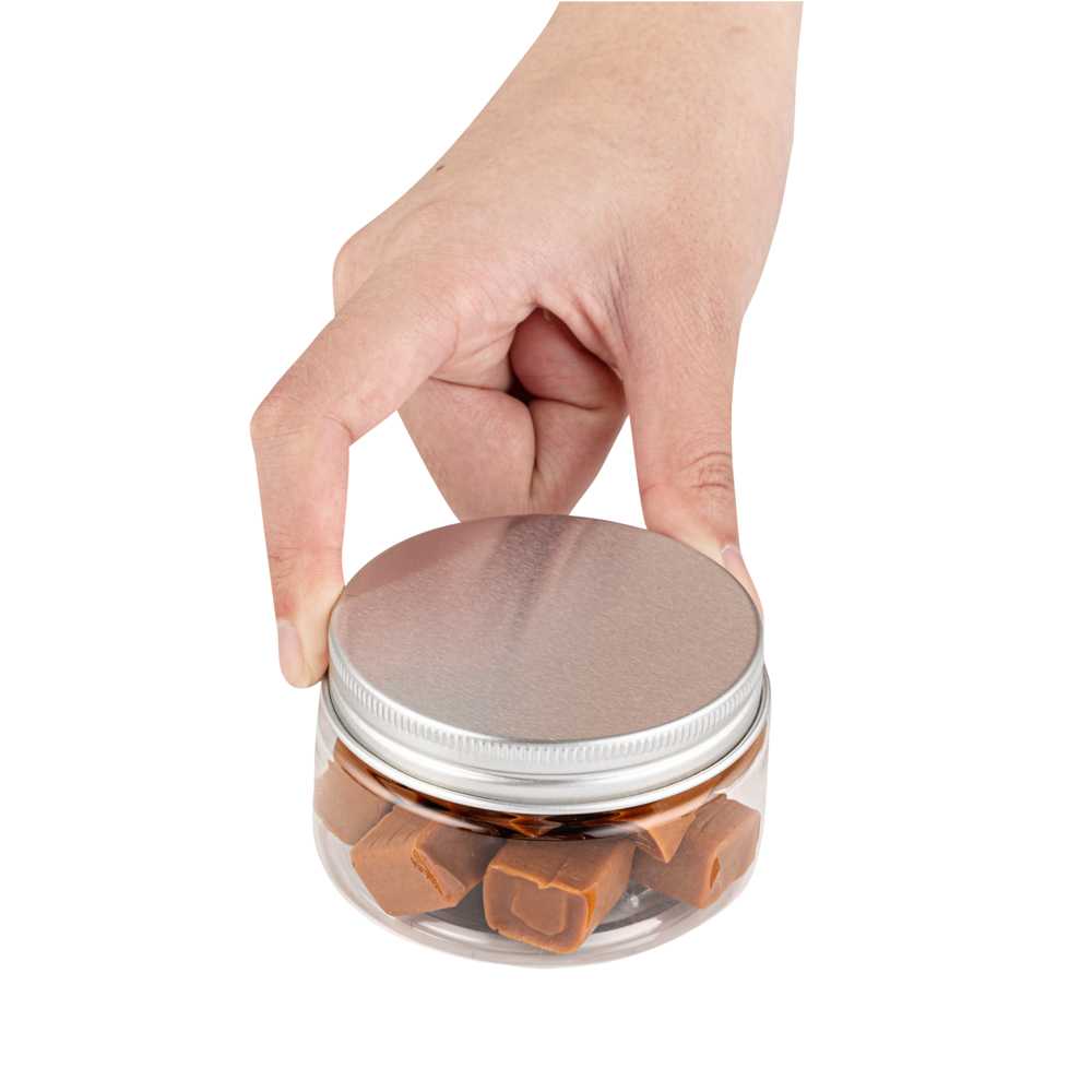 Chef 101 4 oz Round Clear Plastic Candy and Snack Jar - with Silver Aluminum Lid - 2 3/4" x 2 3/4" x 1 1/2" - 100 count box