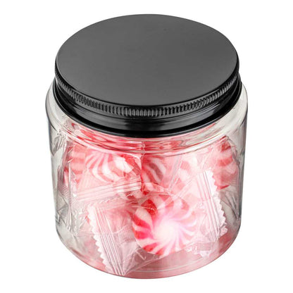 Chef 101 8 oz Round Clear Plastic Candy and Snack Jar - with Black Aluminum Lid - 3" x 3" x 3" - 100 count box