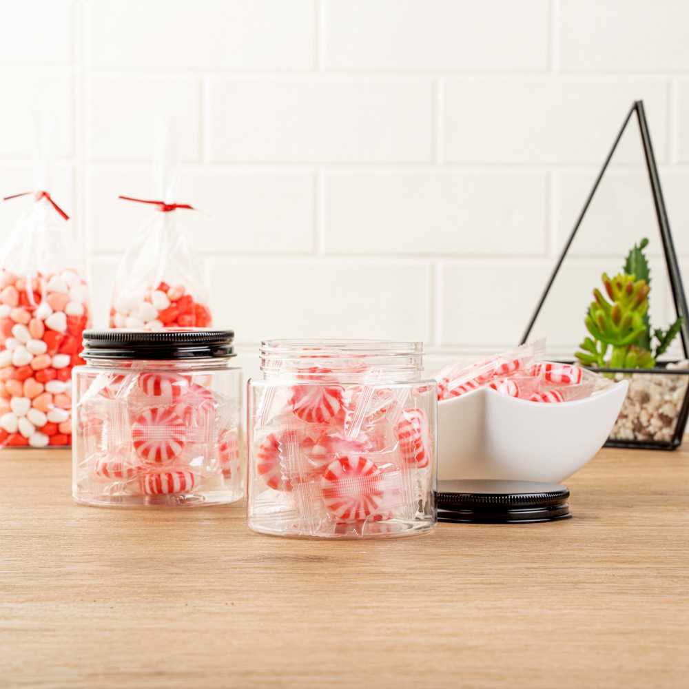 Chef 101 8 oz Round Clear Plastic Candy and Snack Jar - with Black Aluminum Lid - 3" x 3" x 3" - 100 count box