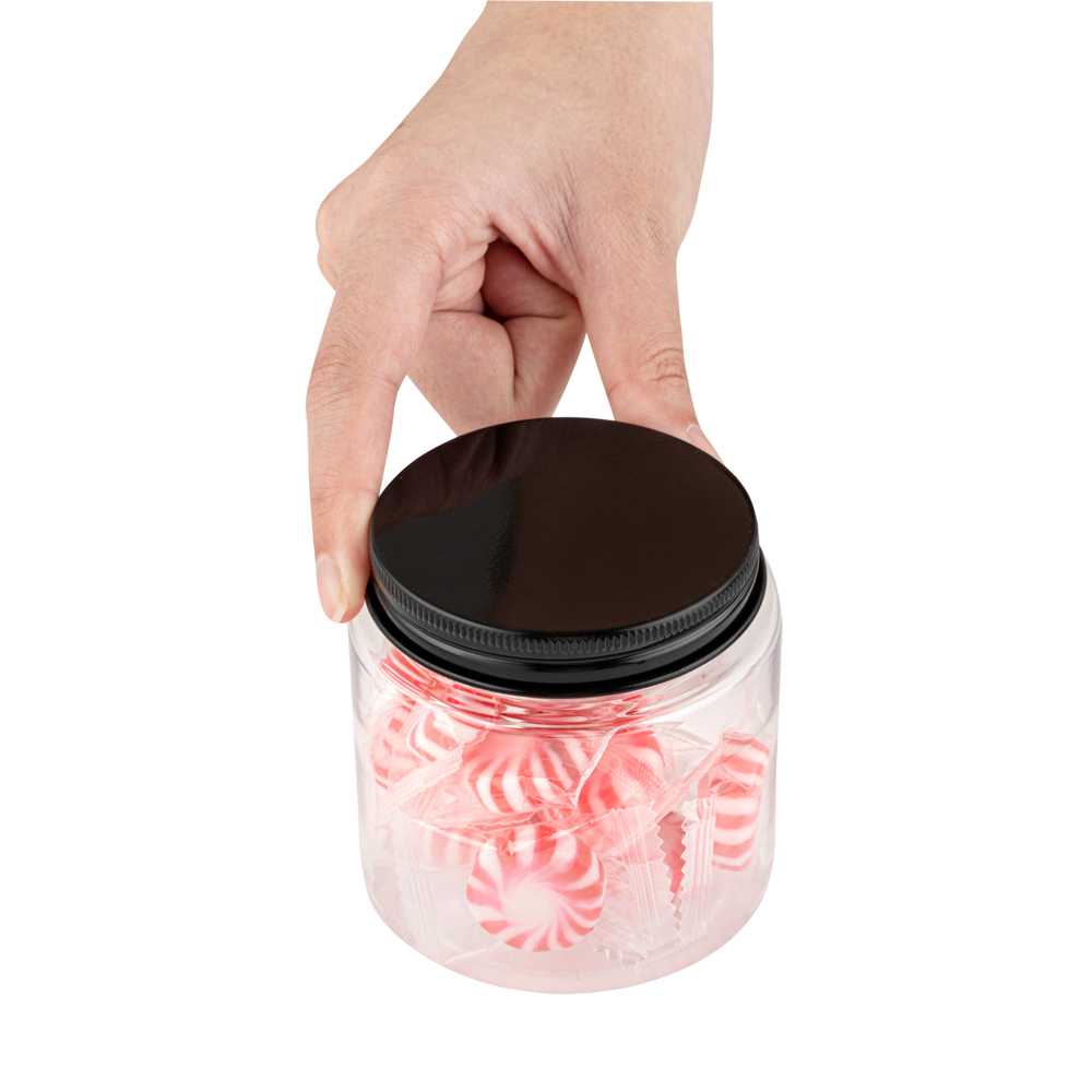 Chef 101 8 oz Round Clear Plastic Candy and Snack Jar - with Black Aluminum Lid - 3" x 3" x 3" - 100 count box