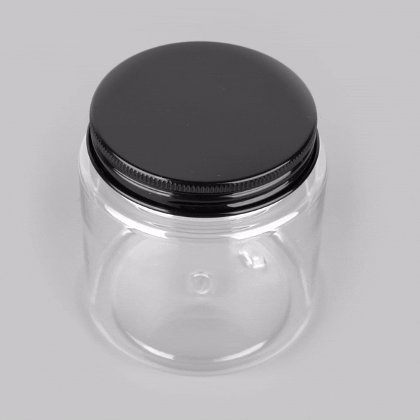 Chef 101 8 oz Round Clear Plastic Candy and Snack Jar - with Black Aluminum Lid - 3" x 3" x 3" - 100 count box