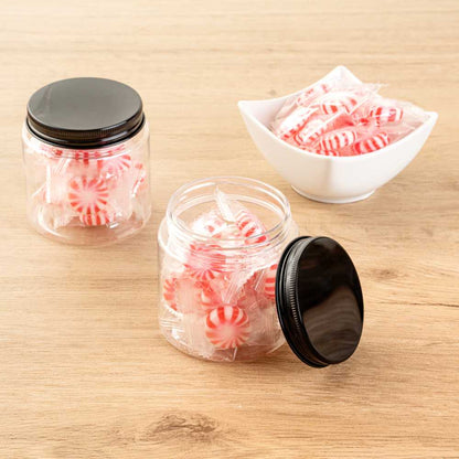 Chef 101 8 oz Round Clear Plastic Candy and Snack Jar - with Black Aluminum Lid - 3" x 3" x 3" - 100 count box