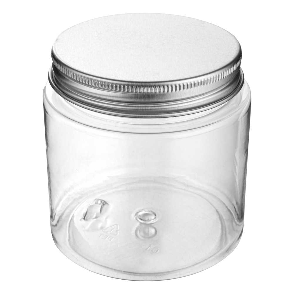 Chef 101 8 oz Round Clear Plastic Candy and Snack Jar - with Silver Aluminum Lid - 3" x 3" x 3" - 100 count box