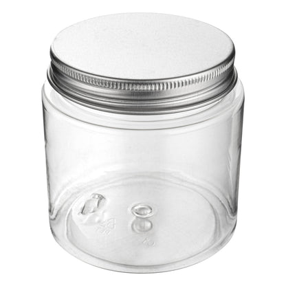 Chef 101 8 oz Round Clear Plastic Candy and Snack Jar - with Silver Aluminum Lid - 3" x 3" x 3" - 10 count box