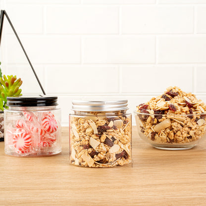 Chef 101 8 oz Round Clear Plastic Candy and Snack Jar - with Silver Aluminum Lid - 3" x 3" x 3" - 10 count box
