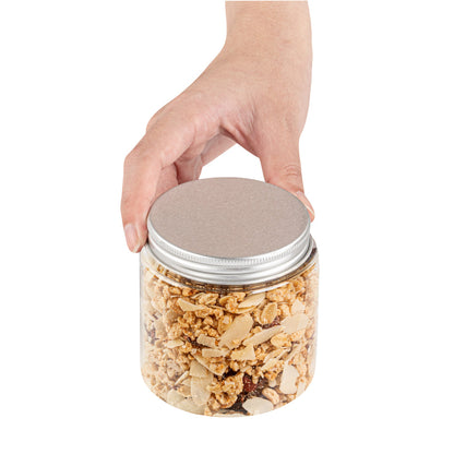 Chef 101 8 oz Round Clear Plastic Candy and Snack Jar - with Silver Aluminum Lid - 3" x 3" x 3" - 10 count box