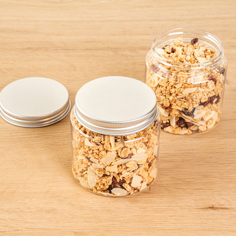 Chef 101 8 oz Round Clear Plastic Candy and Snack Jar - with Silver Aluminum Lid - 3" x 3" x 3" - 10 count box