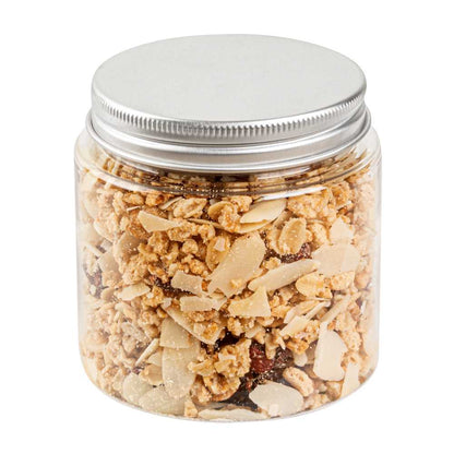 Chef 101 8 oz Round Clear Plastic Candy and Snack Jar - with Silver Aluminum Lid - 3" x 3" x 3" - 100 count box