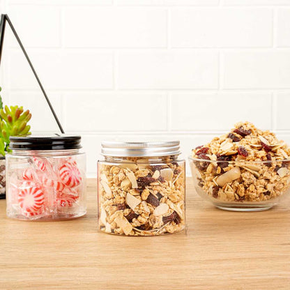 Chef 101 8 oz Round Clear Plastic Candy and Snack Jar - with Silver Aluminum Lid - 3" x 3" x 3" - 100 count box