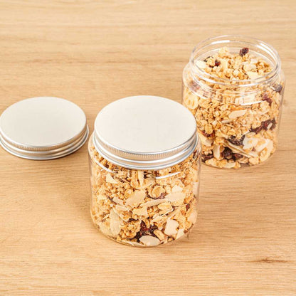 Chef 101 8 oz Round Clear Plastic Candy and Snack Jar - with Silver Aluminum Lid - 3" x 3" x 3" - 100 count box