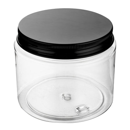 Chef 101 16 oz Round Clear Plastic Candy and Snack Jar - with Black Aluminum Lid - 3 3/4" x 3 3/4" x 3" - 10 count box