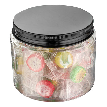 Chef 101 16 oz Round Clear Plastic Candy and Snack Jar - with Black Aluminum Lid - 3 3/4" x 3 3/4" x 3" - 10 count box