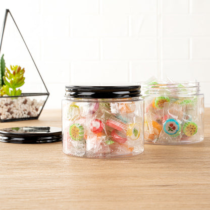 Chef 101 16 oz Round Clear Plastic Candy and Snack Jar - with Black Aluminum Lid - 3 3/4" x 3 3/4" x 3" - 10 count box