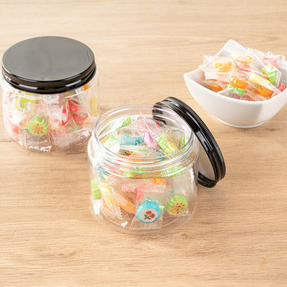 Chef 101 16 oz Round Clear Plastic Candy and Snack Jar - with Black Aluminum Lid - 3 3/4" x 3 3/4" x 3" - 10 count box