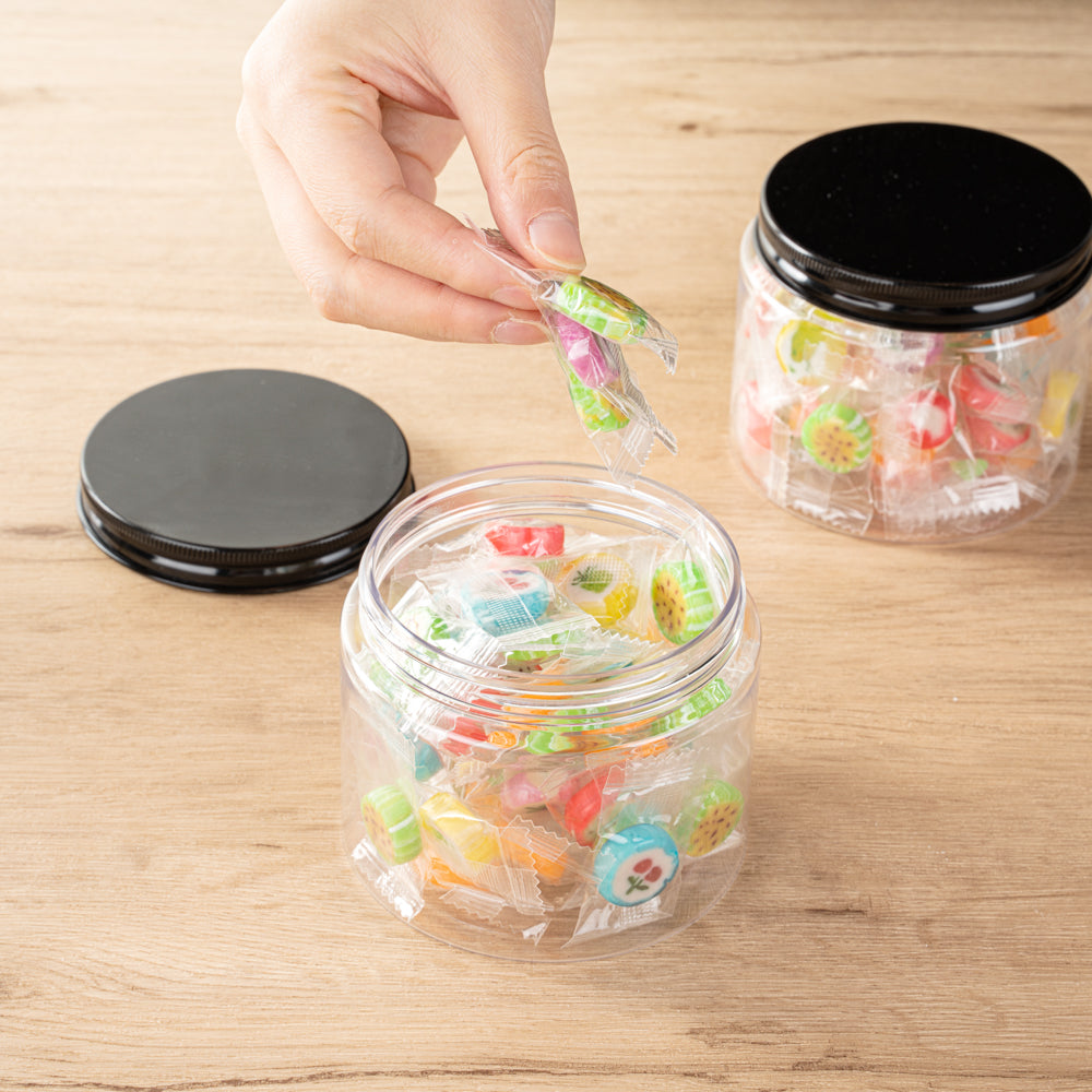 Chef 101 16 oz Round Clear Plastic Candy and Snack Jar - with Black Aluminum Lid - 3 3/4" x 3 3/4" x 3" - 10 count box