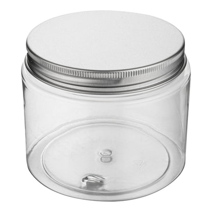 Chef 101 16 oz Round Clear Plastic Candy and Snack Jar - with Silver Aluminum Lid - 3 3/4" x 3 3/4" x 3" - 10 count box