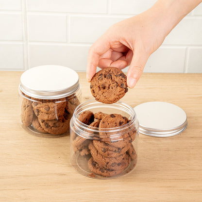 Chef 101 16 oz Round Clear Plastic Candy and Snack Jar - with Silver Aluminum Lid - 3 3/4" x 3 3/4" x 3" - 10 count box