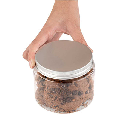 Chef 101 16 oz Round Clear Plastic Candy and Snack Jar - with Silver Aluminum Lid - 3 3/4" x 3 3/4" x 3" - 100 count box