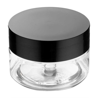 Chef 101 1 oz Round Clear Plastic Candy and Snack Jar - with Black Plastic Lid - 2" x 2" x 1 1/4" - 100 count box