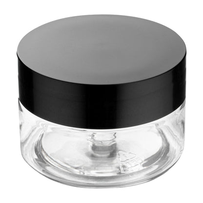 Chef 101 1 oz Round Clear Plastic Candy and Snack Jar - with Black Plastic Lid - 2" x 2" x 1 1/4" - 10 count box
