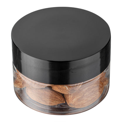 Chef 101 1 oz Round Clear Plastic Candy and Snack Jar - with Black Plastic Lid - 2" x 2" x 1 1/4" - 10 count box