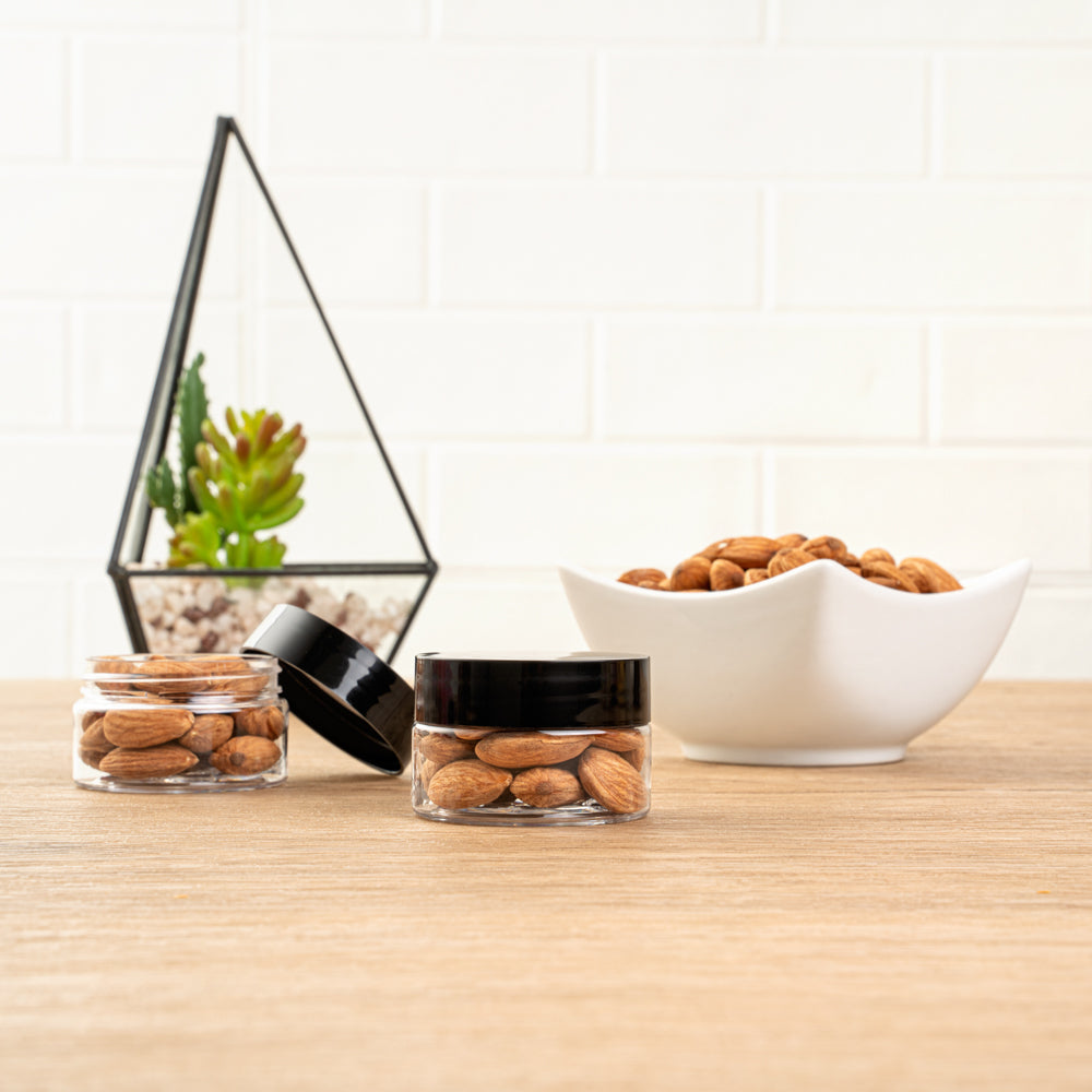 Chef 101 1 oz Round Clear Plastic Candy and Snack Jar - with Black Plastic Lid - 2" x 2" x 1 1/4" - 10 count box