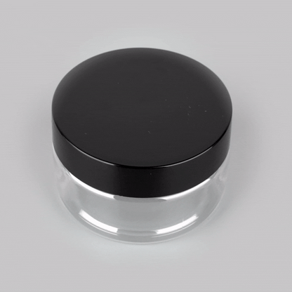 Chef 101 1 oz Round Clear Plastic Candy and Snack Jar - with Black Plastic Lid - 2" x 2" x 1 1/4" - 10 count box