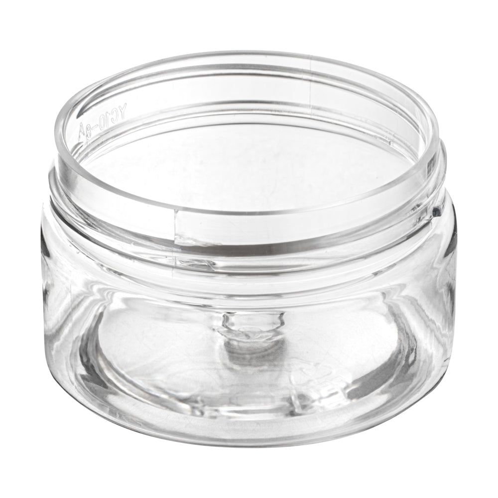 Chef 101 1 oz Round Clear Plastic Candy and Snack Jar - with Black Plastic Lid - 2" x 2" x 1 1/4" - 10 count box