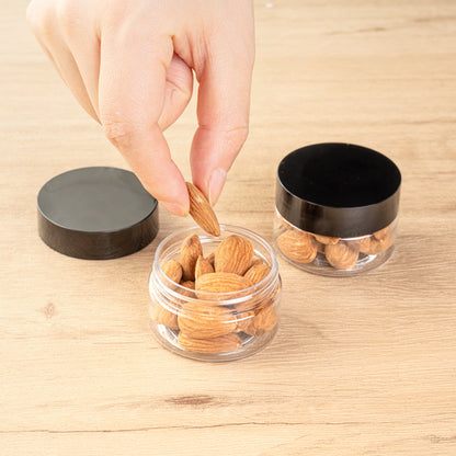 Chef 101 1 oz Round Clear Plastic Candy and Snack Jar - with Black Plastic Lid - 2" x 2" x 1 1/4" - 10 count box