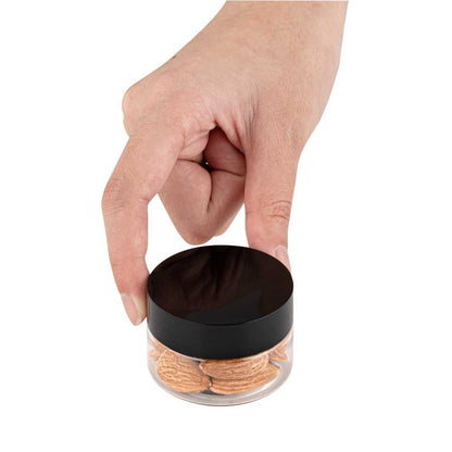 Chef 101 1 oz Round Clear Plastic Candy and Snack Jar - with Black Plastic Lid - 2" x 2" x 1 1/4" - 100 count box