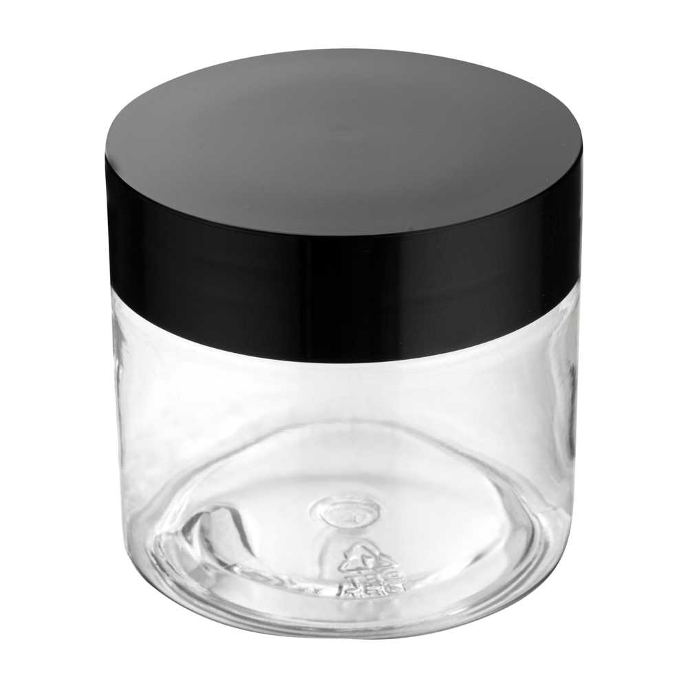 Chef 101 2 oz Round Clear Plastic Candy and Snack Jar - with Black Plastic Lid - 2" x 2" x 1 3/4" - 100 count box