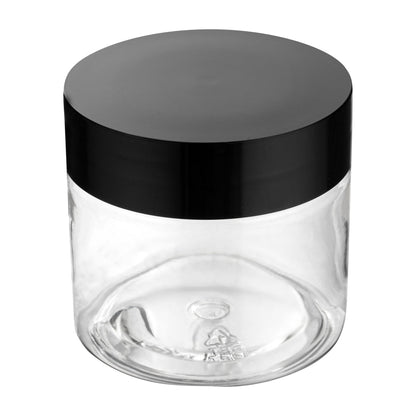 Chef 101 2 oz Round Clear Plastic Candy and Snack Jar - with Black Plastic Lid - 2" x 2" x 1 3/4" - 10 count box