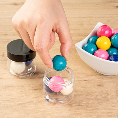 Chef 101 2 oz Round Clear Plastic Candy and Snack Jar - with Black Plastic Lid - 2" x 2" x 1 3/4" - 10 count box