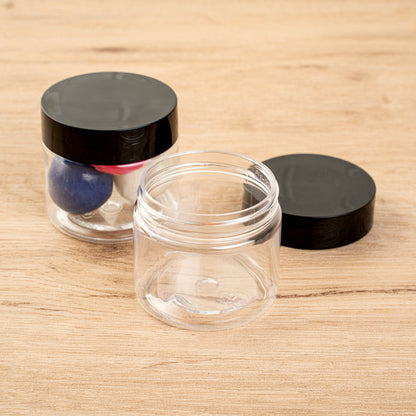 Chef 101 2 oz Round Clear Plastic Candy and Snack Jar - with Black Plastic Lid - 2" x 2" x 1 3/4" - 10 count box