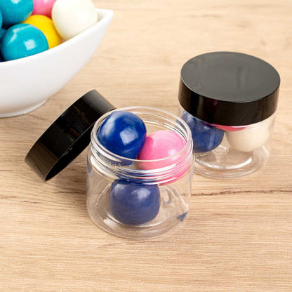 Chef 101 2 oz Round Clear Plastic Candy and Snack Jar - with Black Plastic Lid - 2" x 2" x 1 3/4" - 100 count box